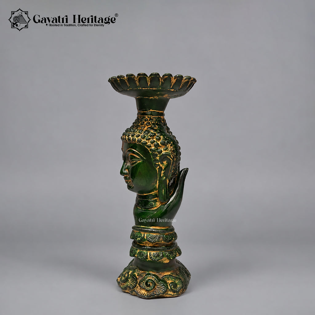Brass Buddha Candle Holder | Antique Green Finish | Handcrafted Buddhist Figurine & Home Decor