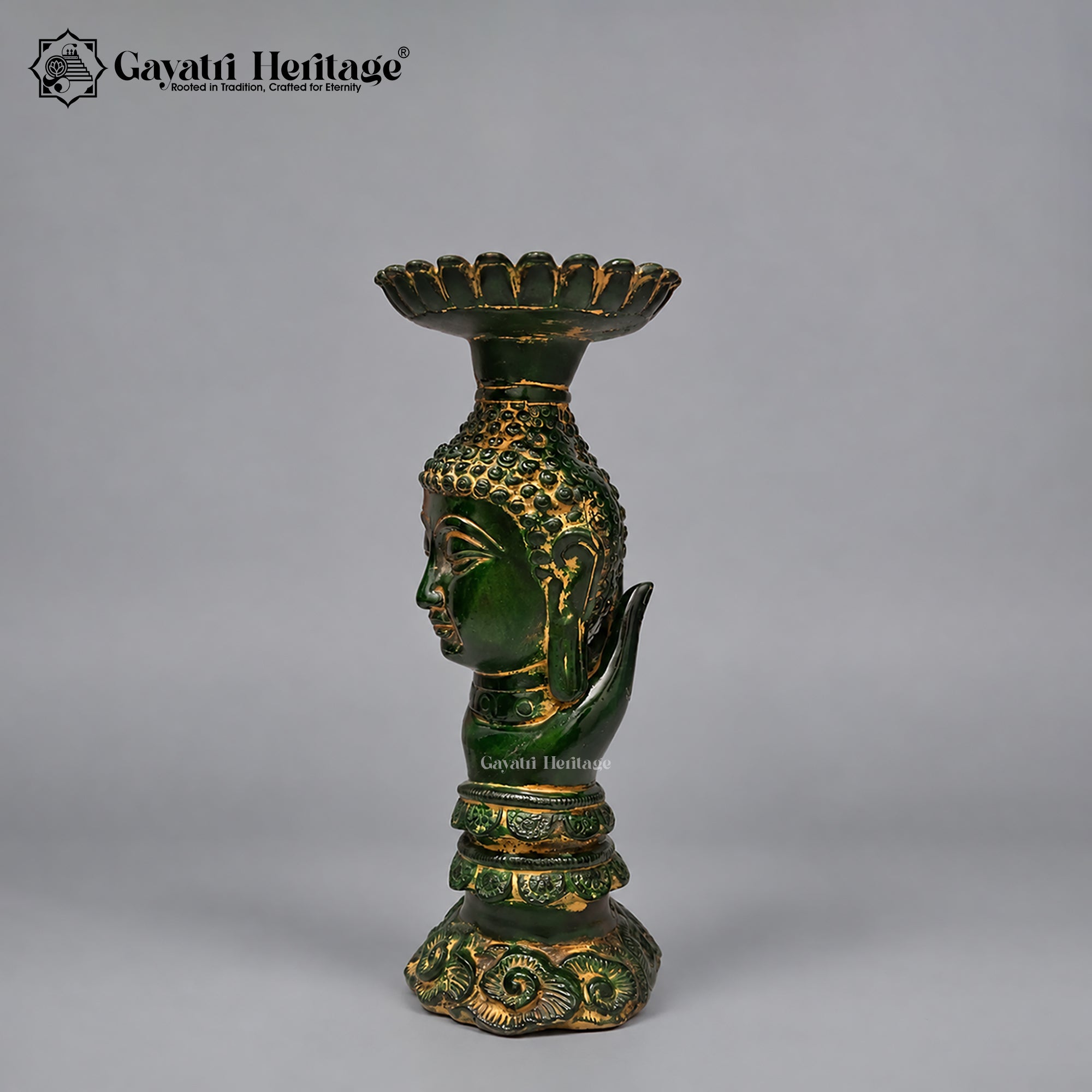 Brass Buddha Candle Holder | Antique Green Finish | Handcrafted Buddhist Figurine & Home Decor