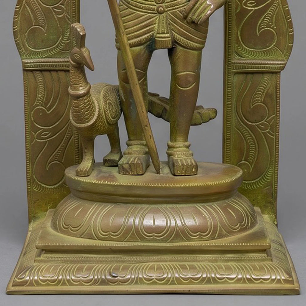 Handcrafted Brass Murugan Idol | Green Patina Finish with Kirtimukha Arch | South Indian Temple Decor