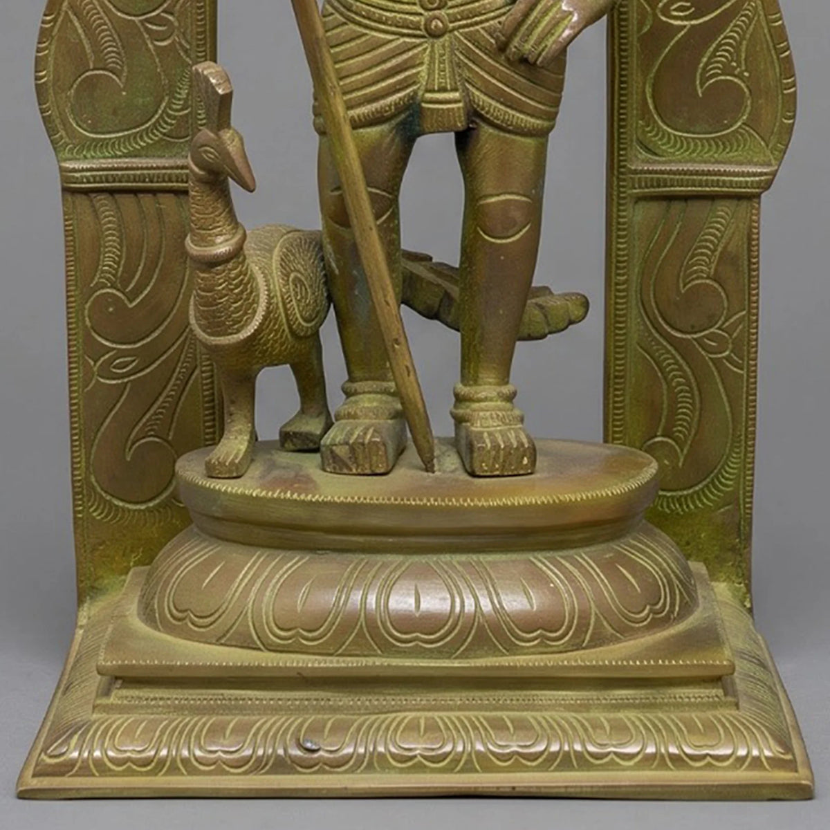 Handcrafted Brass Murugan Idol | Green Patina Finish with Kirtimukha Arch | South Indian Temple Decor