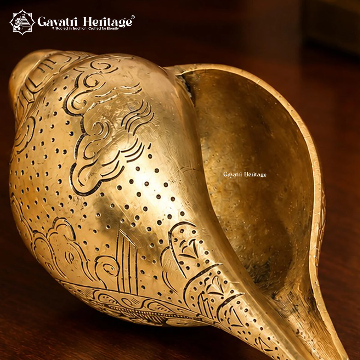 Brass Ganesha Shankh – Engraved Lord Ganesh Conch Shell for Pooja & Temple Decor