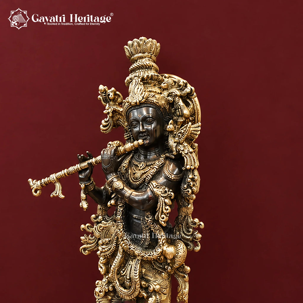 29 Inch Brass Krishna Idol | Handcrafted Black & Gold Finish | Hindu Pooja Room Decor