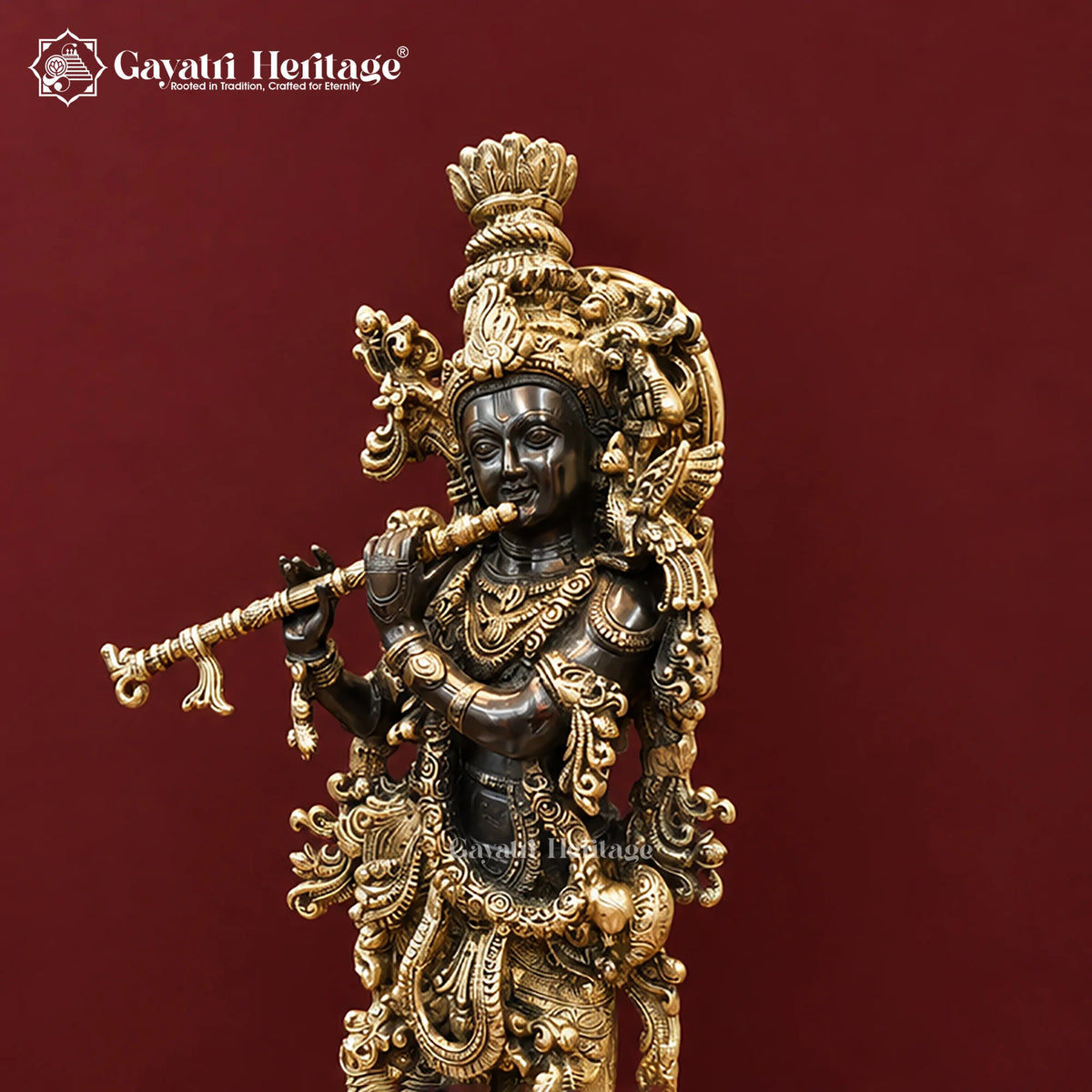29 Inch Brass Krishna Idol | Handcrafted Black & Gold Finish | Hindu Pooja Room Decor