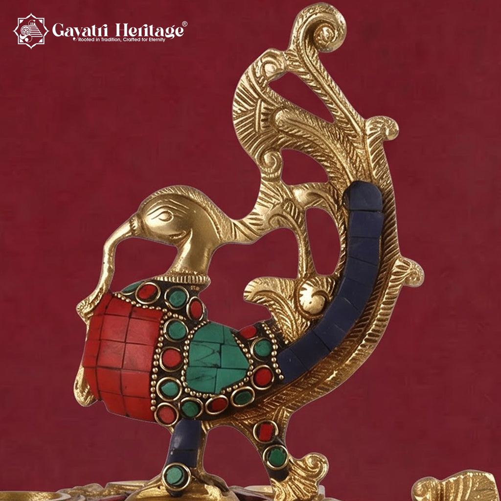 Brass Peacock Diya Lamp with Turquoise Coral Inlay | Multi-Wick Oil Lamp for Home Decor & Pooja