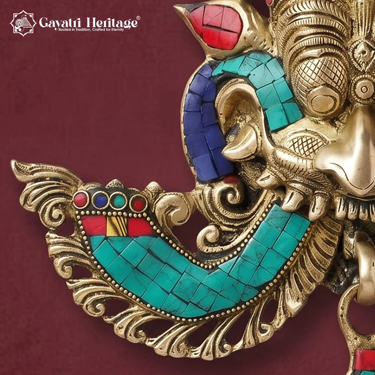 Brass Kirtimukha Mask – Tibetan Style Wall Hanging with Stone Inlay, Nazar Battu & Main Door Decor