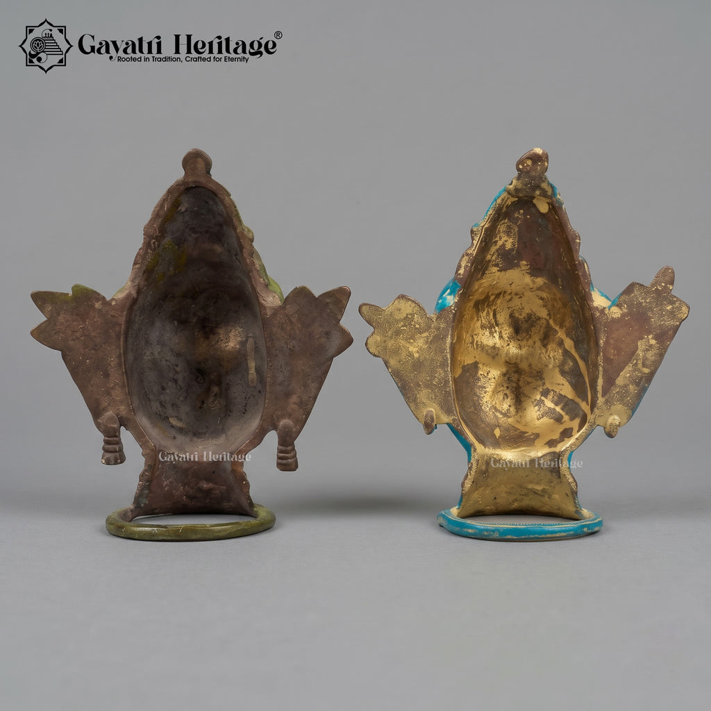 Vintage Style Shiva Parvati Mukha Statue Set – Brass Deity Face Sculpture with Blue Green Patina