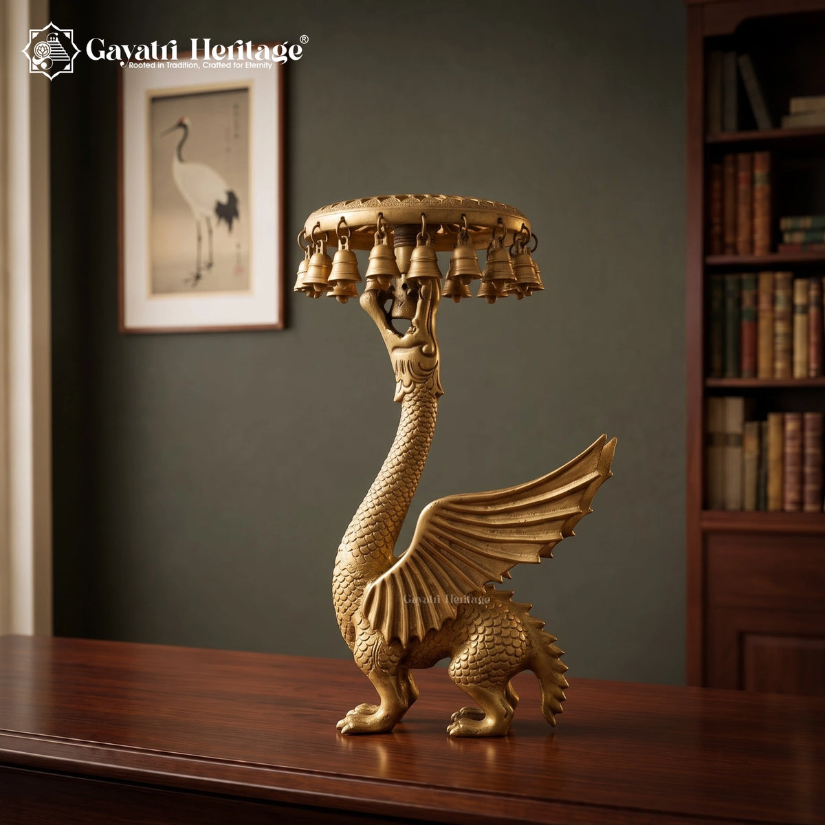 Brass Dragon Bell Chowki Stand | Mythical Bird Pedestal with Hanging Bells | Vintage Home Decor