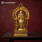 Brass Lord Murugan Statue with Peacock Arch | Kartikeya Idol with Vel Spear | Handcrafted South Indian Hindu Idol