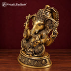 Brass Ganesh Idol on Round Base, Antique Gold Ganesha Statue with Om, Mushak & Halo, Handcrafted Murti for Home Temple