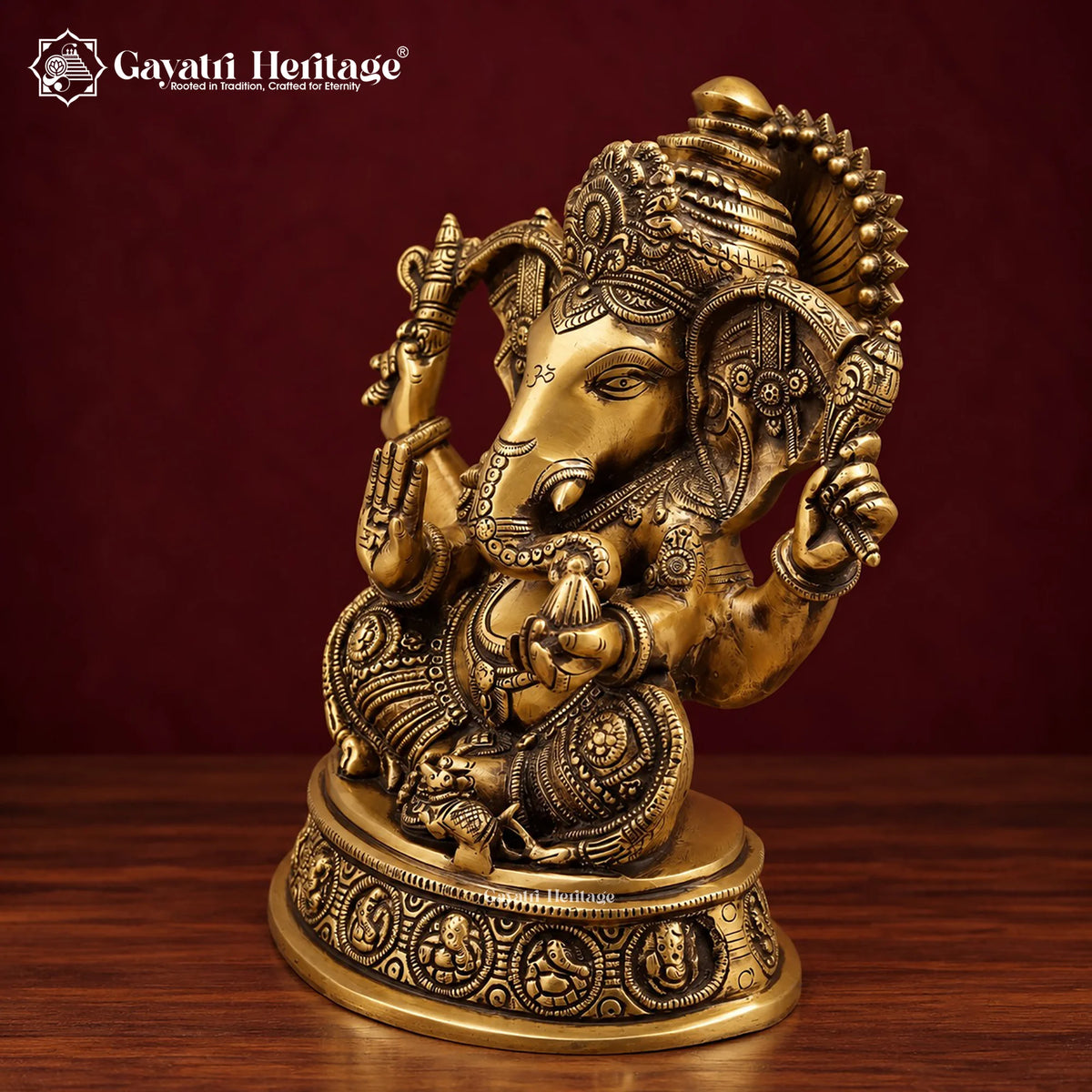 Brass Ganesh Idol on Round Base, Antique Gold Ganesha Statue with Om, Mushak & Halo, Handcrafted Murti for Home Temple