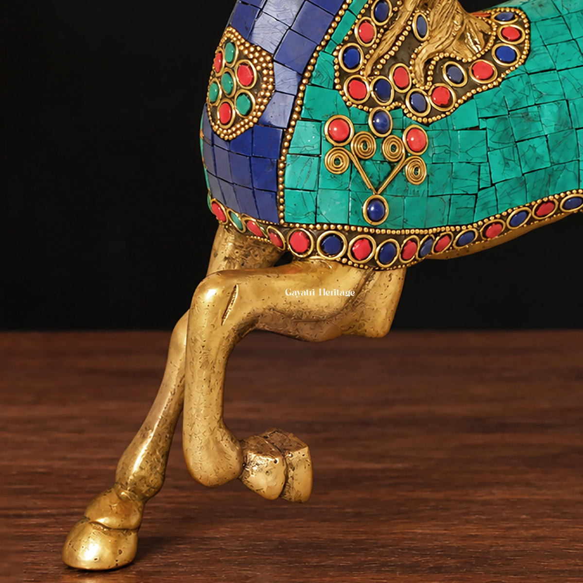 Brass Horse Statue with Turquoise Stone Inlay – Handmade Prancing Horse Figurine