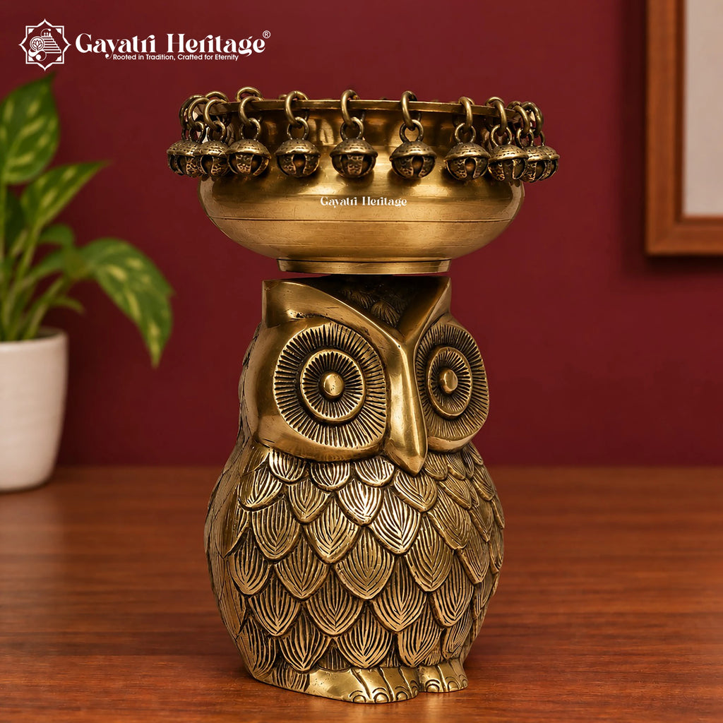 Brass Owl Urli with Bells – Handmade Lakshmi Owl Flower Bowl, Floating Candle & Diwali Decor