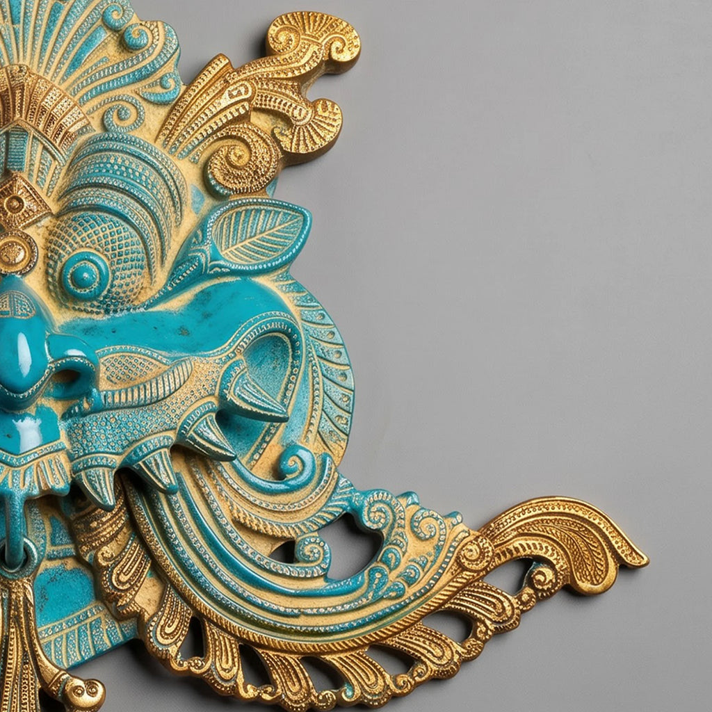 Kirtimukha Brass Wall Hanging – Turquoise Patina Temple Guardian Face, Handcrafted Indian Décor