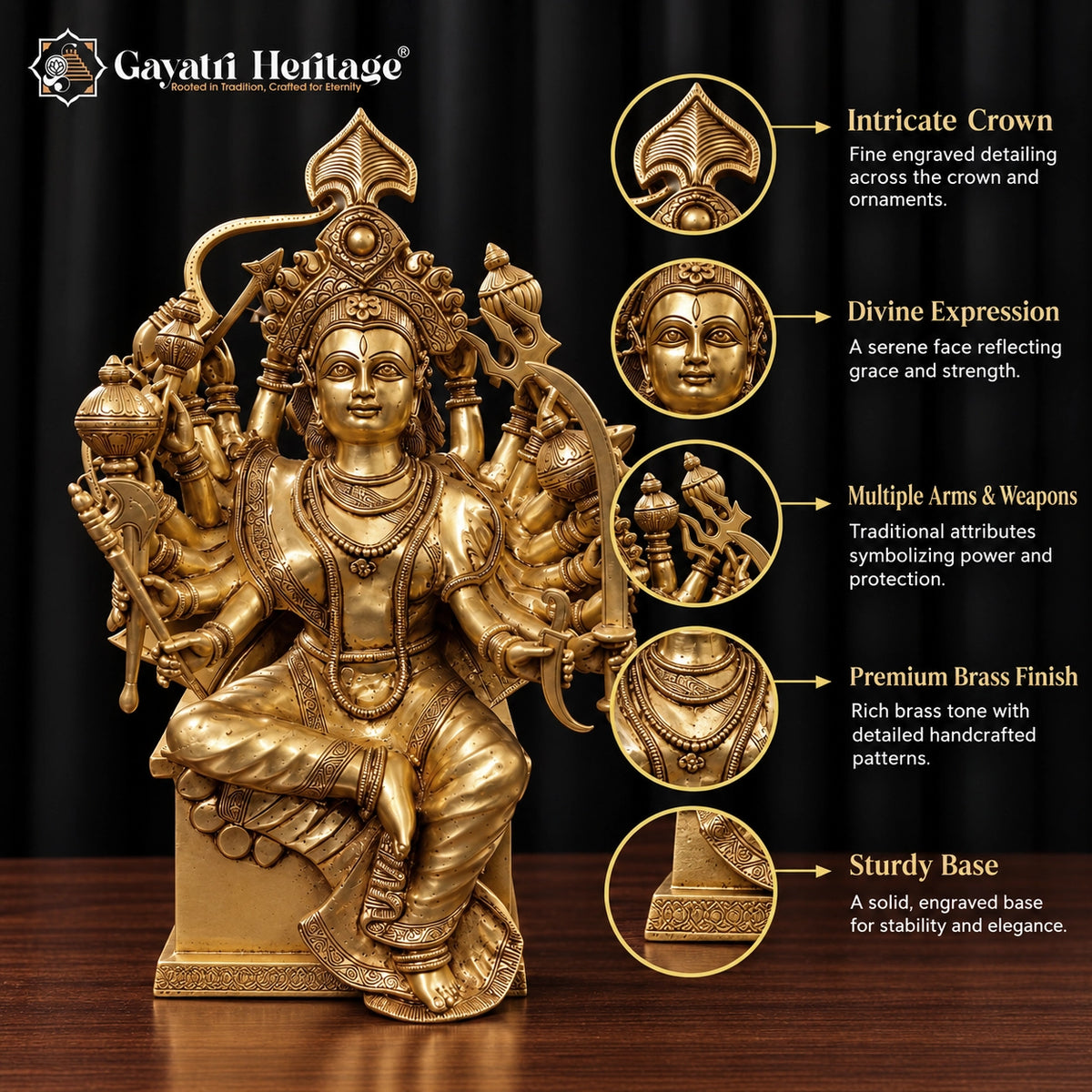18-Handed Brass Durga Maa Statue – view 2 of 5