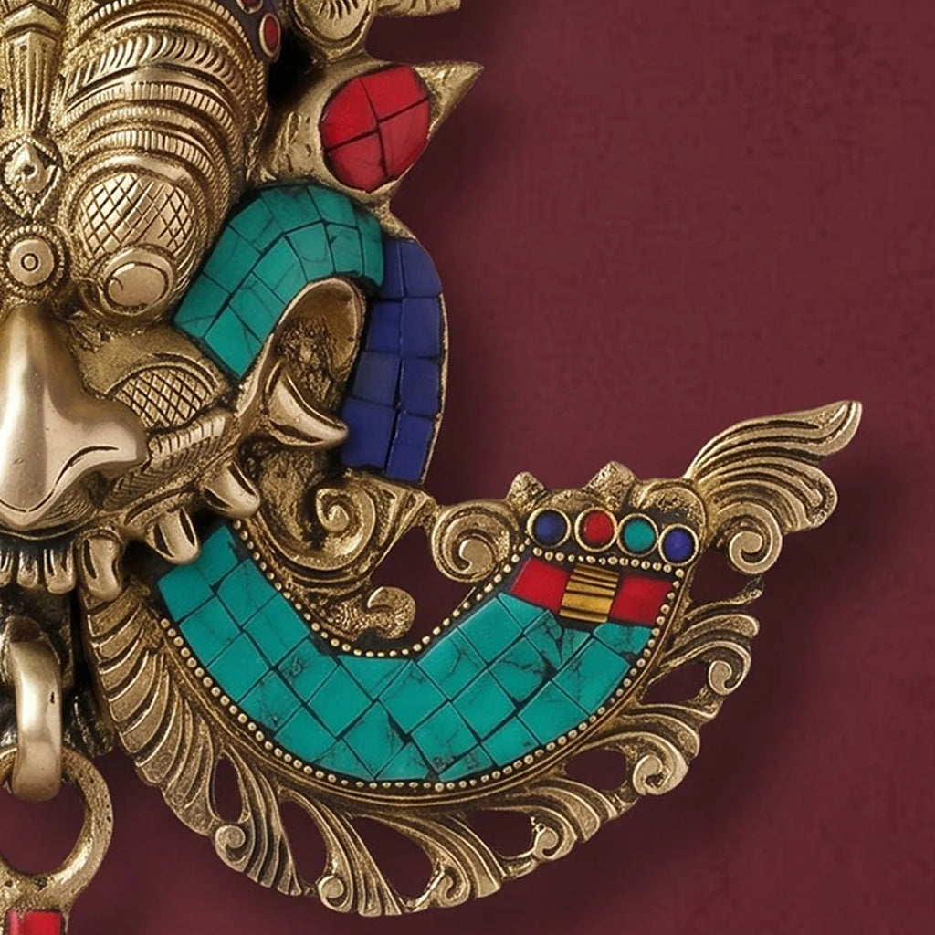 Brass Kirtimukha Mask – Tibetan Style Wall Hanging with Stone Inlay, Nazar Battu & Main Door Decor