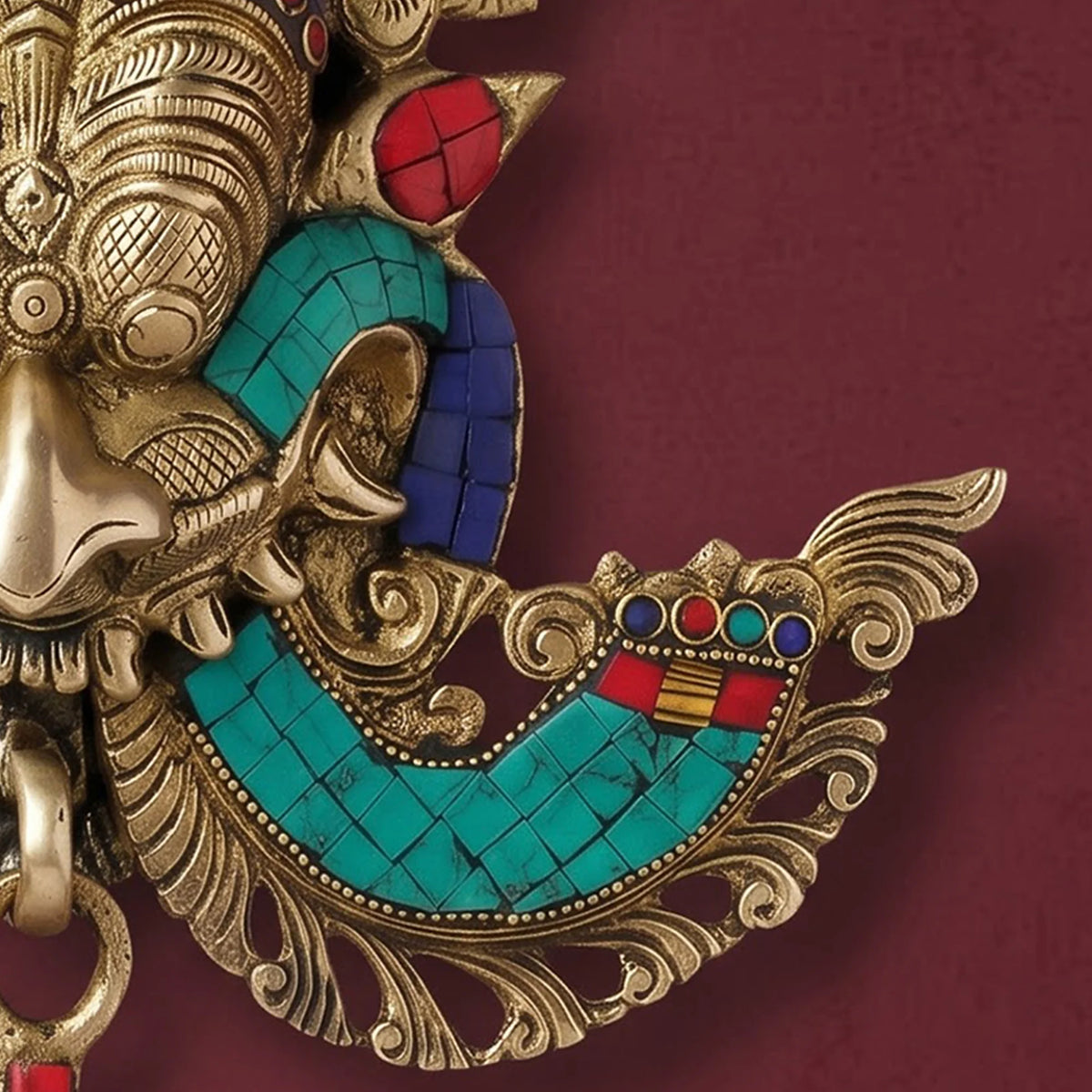 Brass Kirtimukha Mask – Tibetan Style Wall Hanging with Stone Inlay, Nazar Battu & Main Door Decor