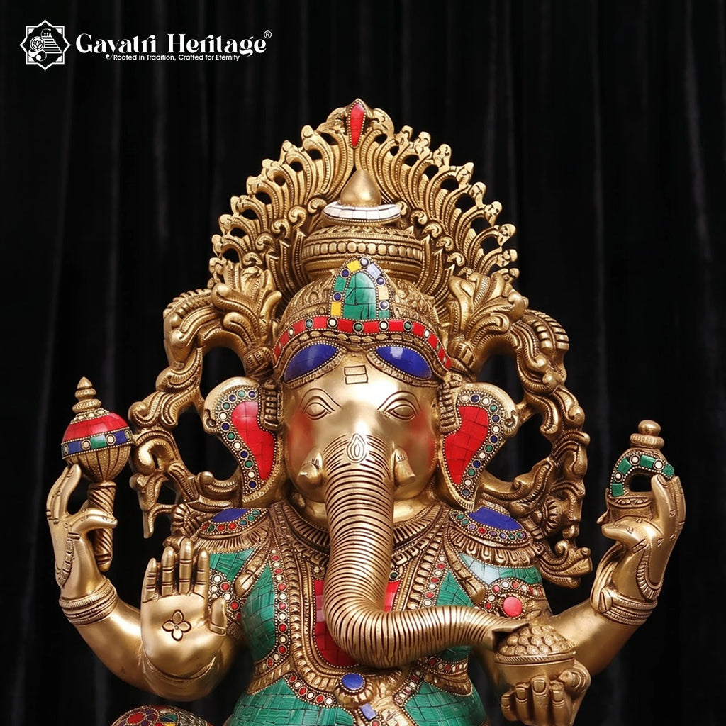Large Brass Ganesha Statue | Turquoise & Coral Stone Inlay | Lotus Base Ganesh Idol (26 Inch)