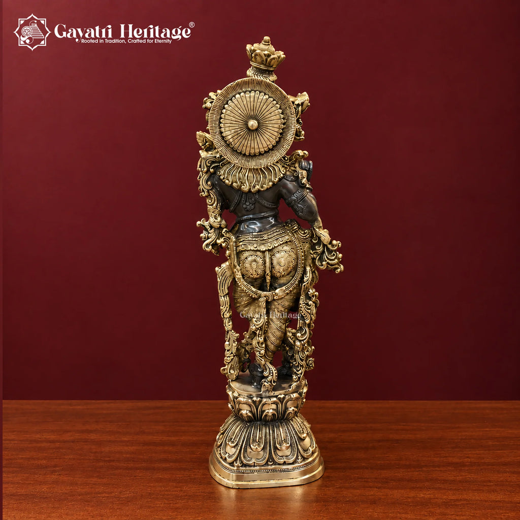 29 Inch Brass Krishna Idol | Handcrafted Black & Gold Finish | Hindu Pooja Room Decor