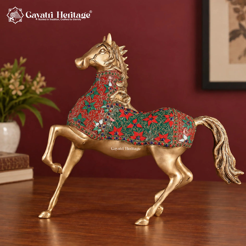 Brass Horse Statue with Red Floral Stone Inlay – Handmade Prancing Horse Sculpture