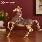 Brass Horse Statue with Red Floral Stone Inlay – Handmade Prancing Horse Sculpture