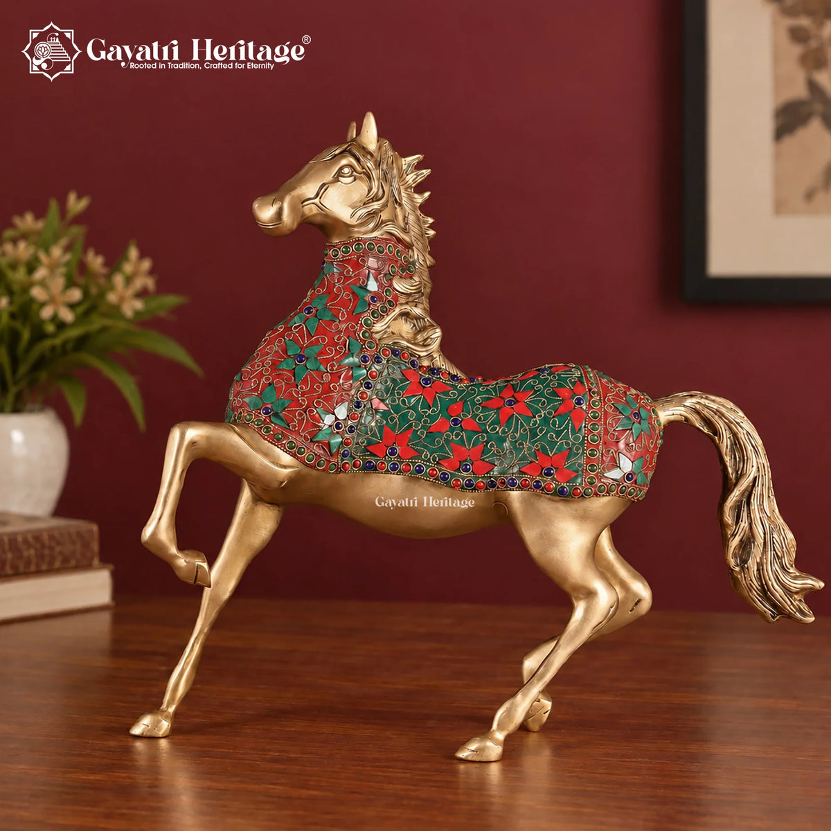 Brass Horse Statue with Red Floral Stone Inlay – Handmade Prancing Horse Sculpture