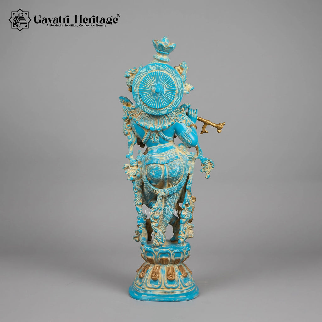Brass Krishna Statue with Turquoise Antique Finish | Flute Playing Krishna Murti | Hindu God Idol for Home Temple Decor