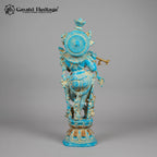 Brass Krishna Statue with Turquoise Antique Finish | Flute Playing Krishna Murti | Hindu God Idol for Home Temple Decor