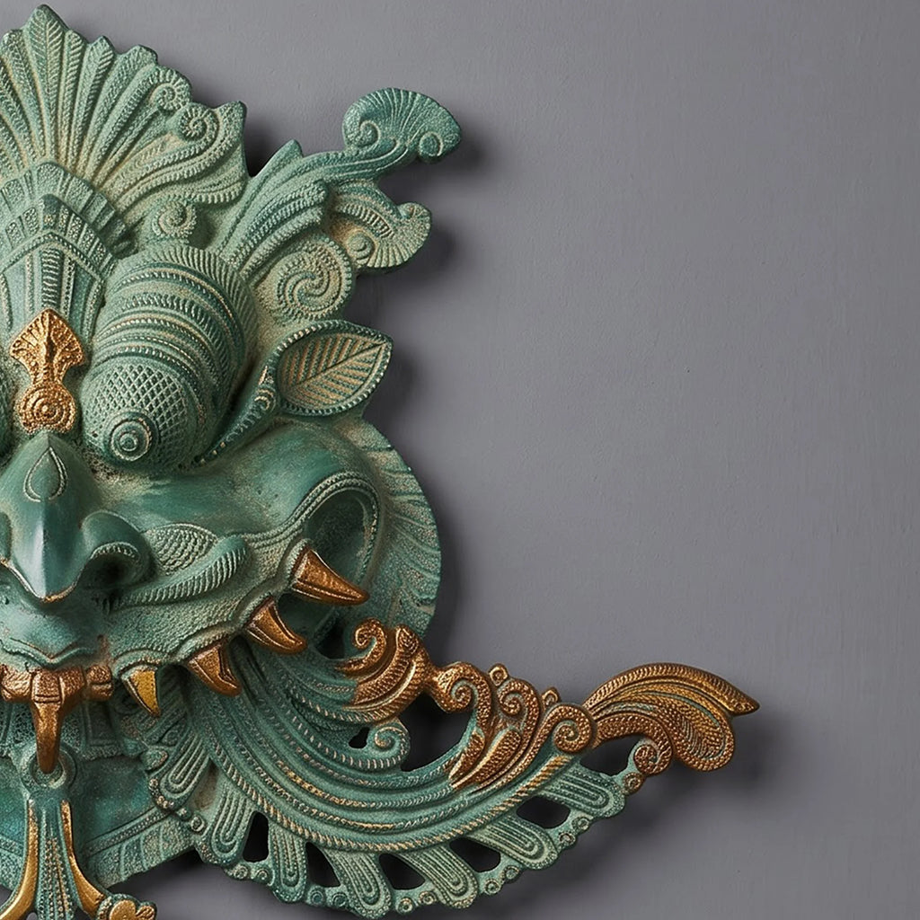 Handcrafted Brass Kirtimukha Wall Hanging | Verdigris Green Face of Glory Mask for Temple Door Decor