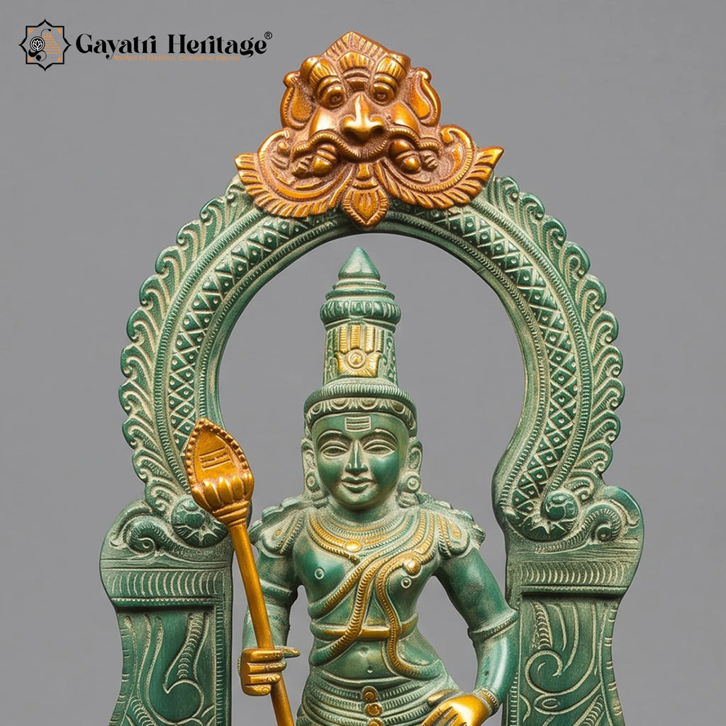 Brass Murugan Idol with Vel & Peacock | Antique Green Patina Kartikeya Statue with Kirtimukha Arch