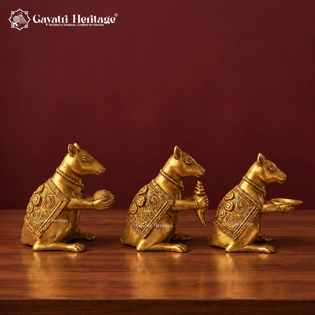 Brass Mushak Set of 3 | Ganesha Rat Vahana Figurines with Laddoo & Conch Diya | Handcrafted Pooja & Home Decor