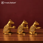 Brass Mushak Set of 3 | Ganesha Rat Vahana Figurines with Laddoo & Conch Diya | Handcrafted Pooja & Home Decor