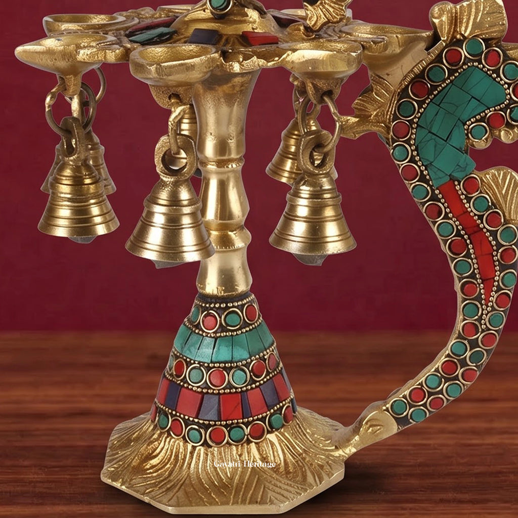Brass Peacock Diya Lamp with Turquoise Coral Inlay | Multi-Wick Oil Lamp for Home Decor & Pooja