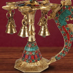 Brass Peacock Diya Lamp with Turquoise Coral Inlay | Multi-Wick Oil Lamp for Home Decor & Pooja