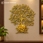 Brass Kamdhenu Tree Wall Decor | Cow & Calf Traditional Indian Art (20 Inch)