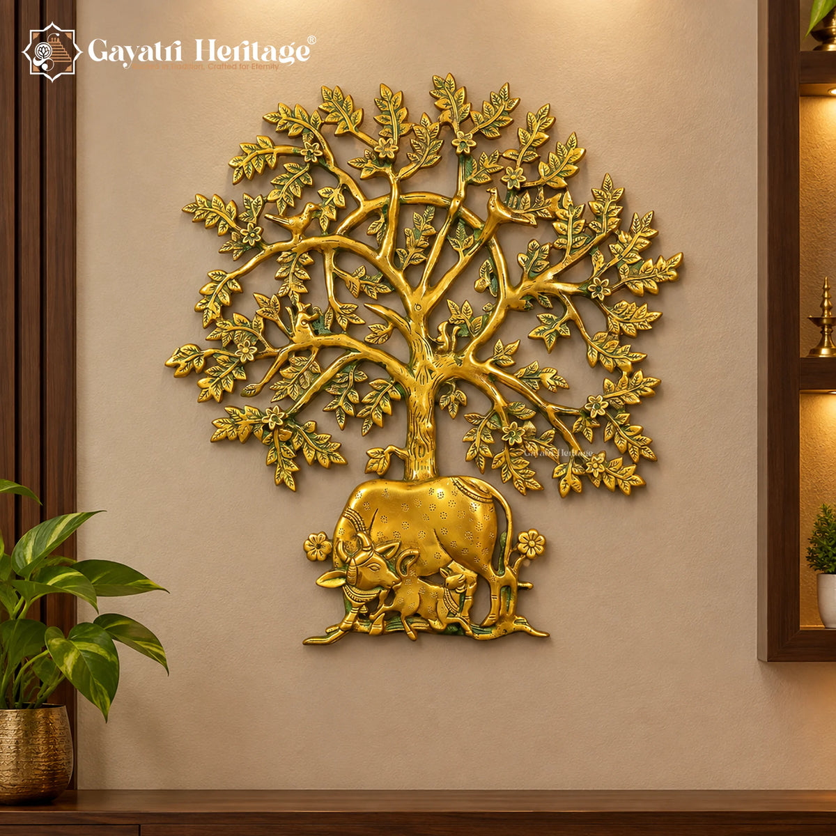 Brass Kamdhenu Tree Wall Decor | Cow & Calf Traditional Indian Art (20 Inch)