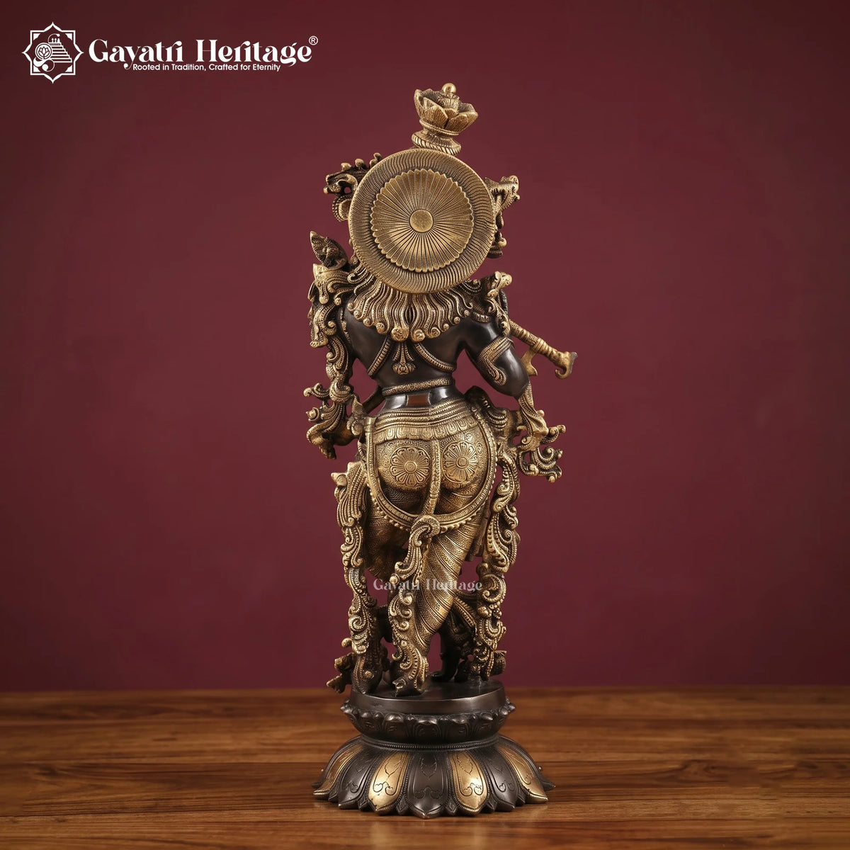 Brass Krishna Flute Statue | Black & Gold Finish | Handmade Hindu Home Decor