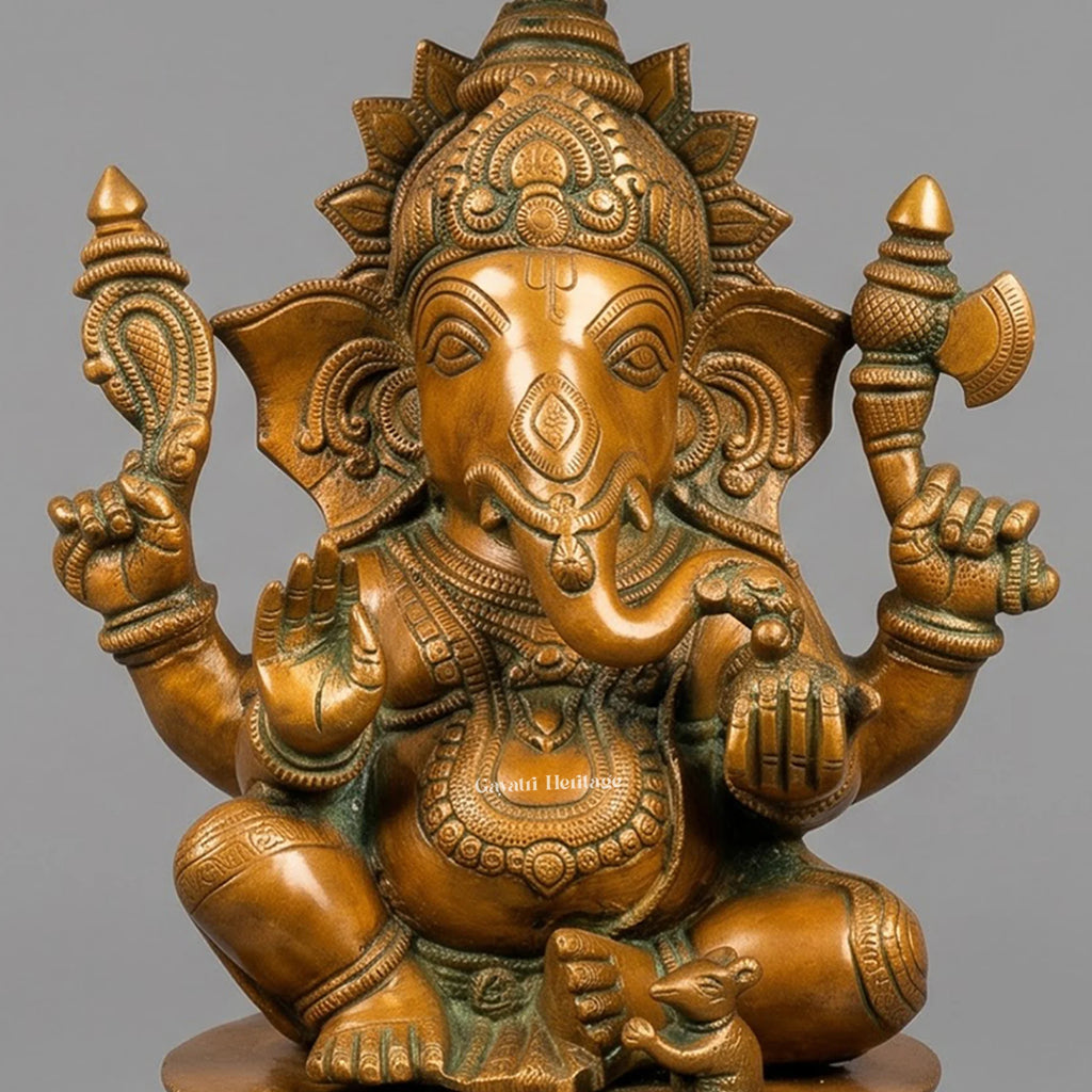 Brass Ganesha Statue with Umbrella & Bells | Antique Finish Temple Decor