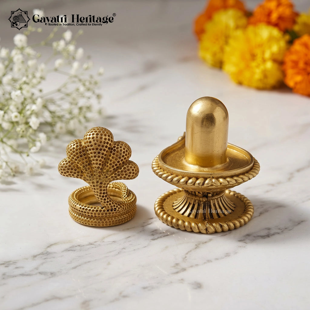 Brass 3D Shivling with Naga Snake | Handcrafted Shiva Lingam Idol | Hindu Pooja & Home Mandir Decor | Spiritual Gift