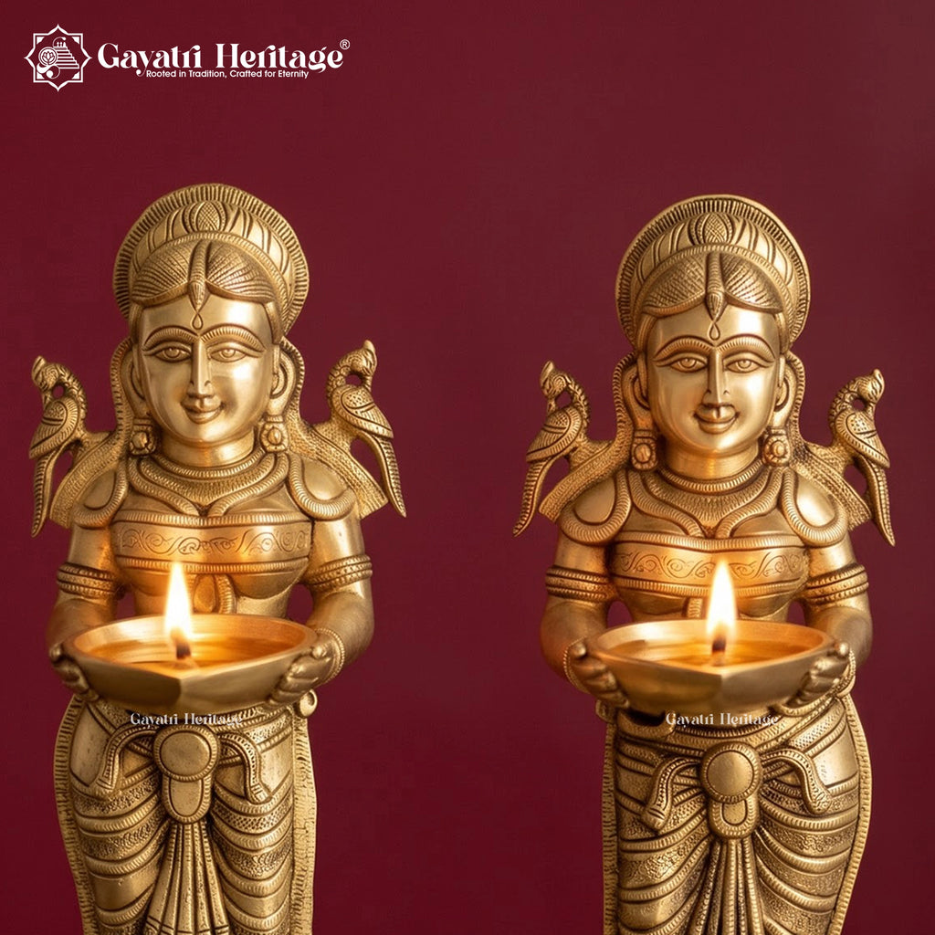 Brass Deepalakshmi Diya Pair Set of 2, Paavai Vilakku Oil Lamps with Parrots, Traditional South Indian Temple Decor