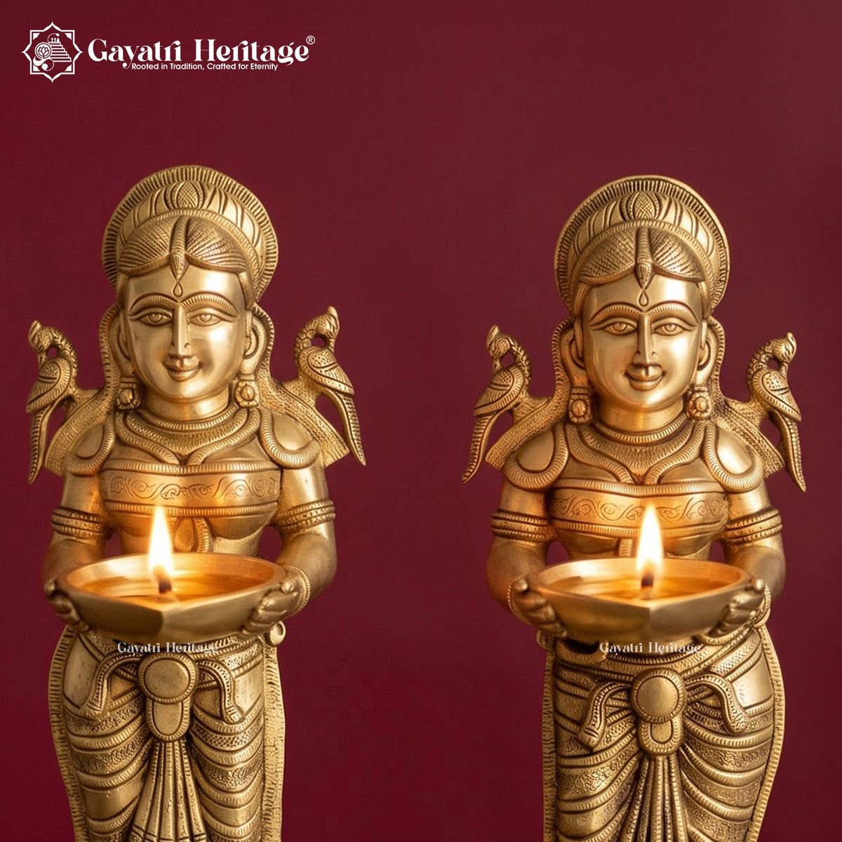 Brass Deepalakshmi Diya Pair Set of 2, Paavai Vilakku Oil Lamps with Parrots, Traditional South Indian Temple Decor