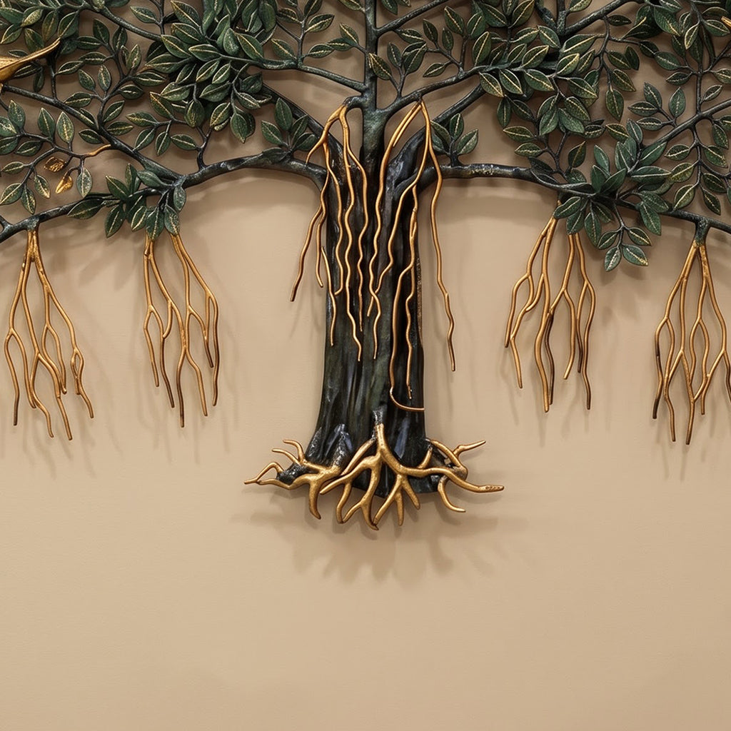 Brass Kalpvriksh Tree of Life Wall Art, Large 48 Inch Tree Wall Sculpture, Golden Birds, Green Gold Indian Luxury Decor