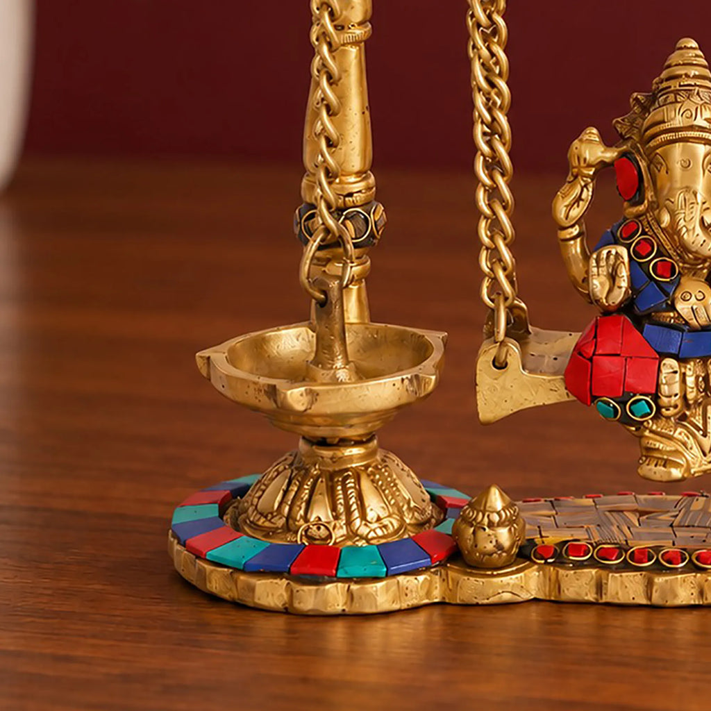 Brass Ganesha Jhula with Stone Inlay & Temple Bells, Handcrafted Ganesh Swing Idol, Diwali Pooja & Home Decor