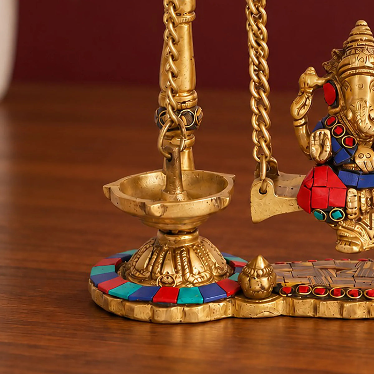 Brass Ganesha Jhula with Stone Inlay & Temple Bells, Handcrafted Ganesh Swing Idol, Diwali Pooja & Home Decor