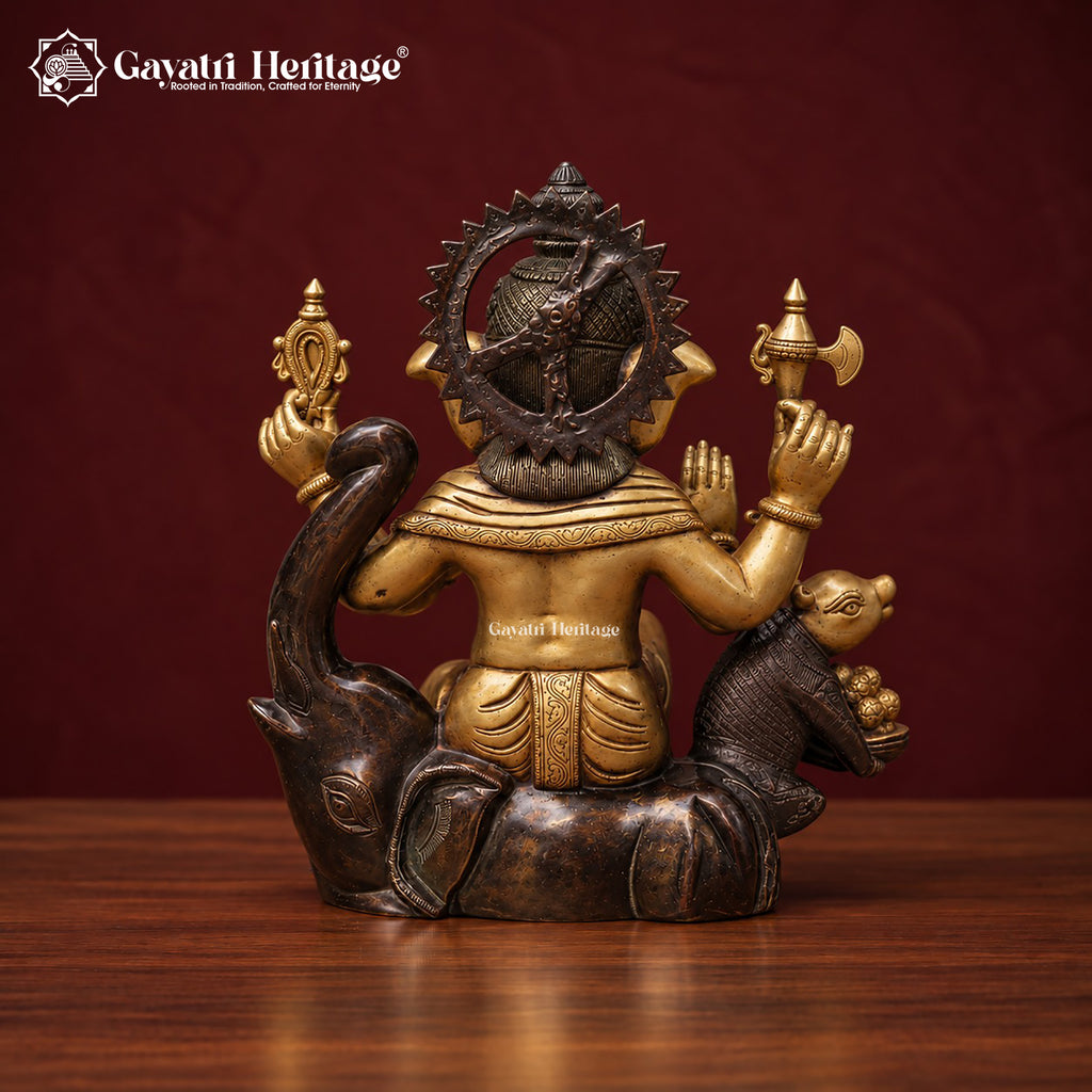 Brass Ganesha Statue with Mouse, Dual Tone Antique Finish Ganpati Idol, Handcrafted Hindu God Murti for Home Mandir