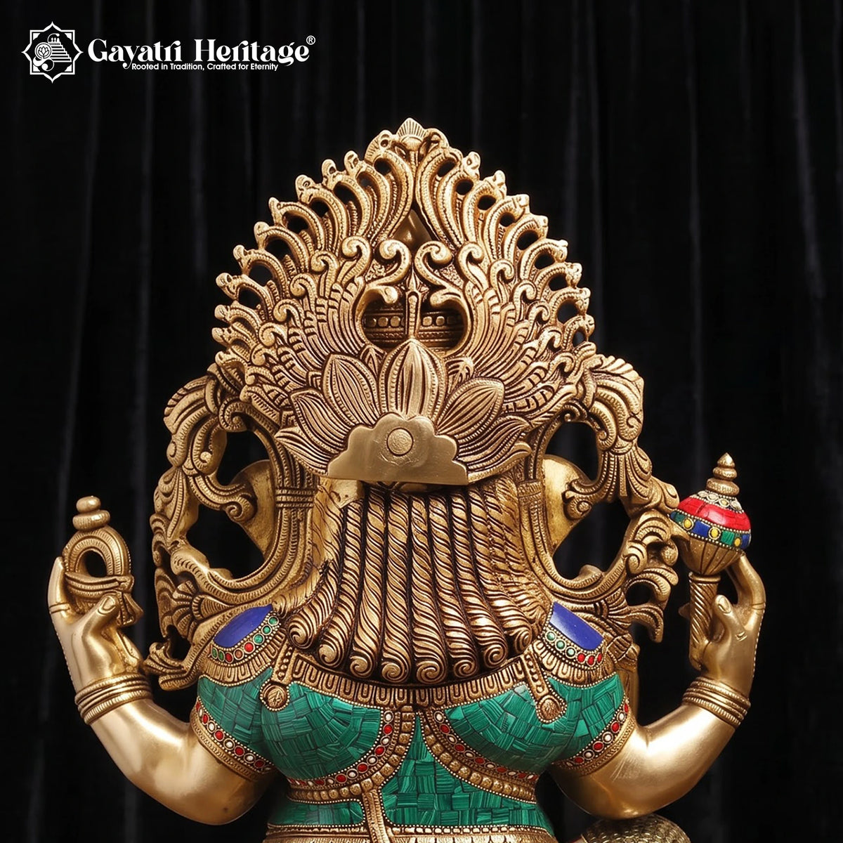 Large Brass Ganesha Statue | Turquoise & Coral Stone Inlay | Lotus Base Ganesh Idol (26 Inch)
