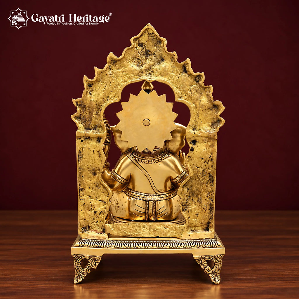 Brass Ganesha Idol on Singhasan Throne with Kirtimukha Arch, Kalash & Mouse | Handcrafted Ganpati Murti for Home Mandir