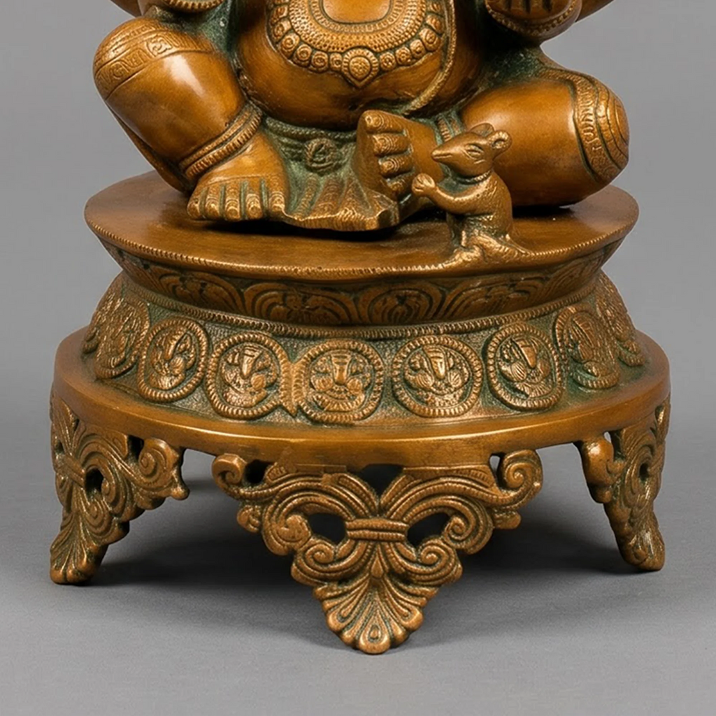 Brass Ganesha Statue with Umbrella & Bells | Antique Finish Temple Decor