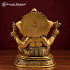 Brass Ganesh Idol on Round Base, Antique Gold Ganesha Statue with Om, Mushak & Halo, Handcrafted Murti for Home Temple