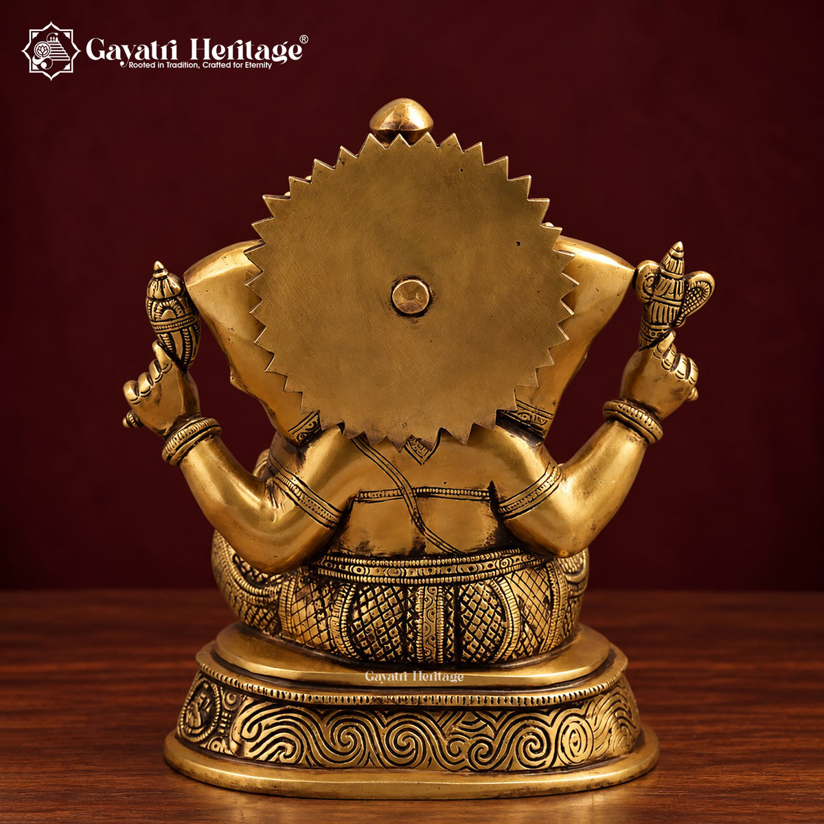 Brass Ganesh Idol on Round Base, Antique Gold Ganesha Statue with Om, Mushak & Halo, Handcrafted Murti for Home Temple