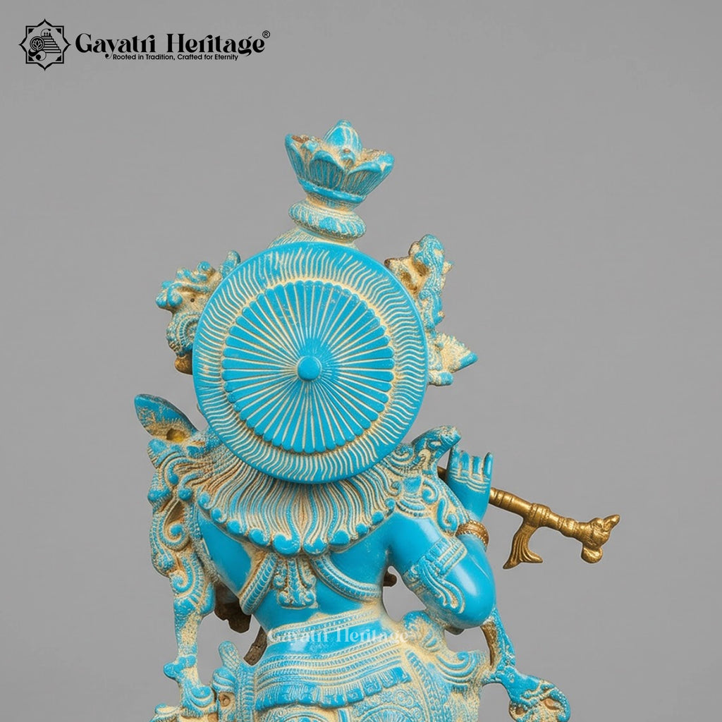 Brass Krishna Statue with Turquoise Antique Finish | Flute Playing Krishna Murti | Hindu God Idol for Home Temple Decor